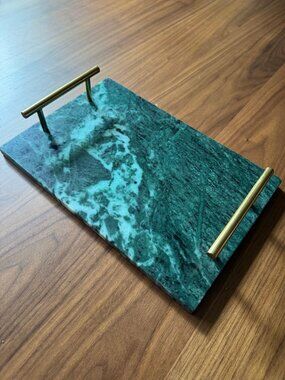 Elegant Green Marble Decorative Tray with Polished Brass T-Bar Handles- Like New